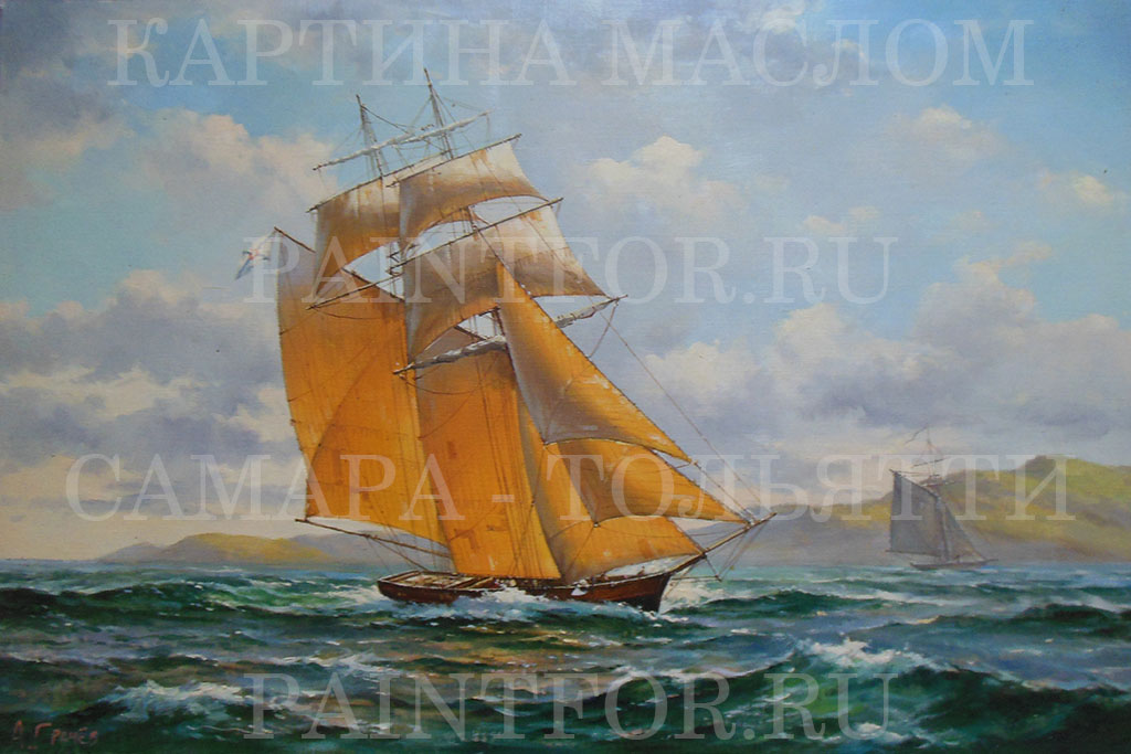 Картина маслом Парусник на волнах 60х90
